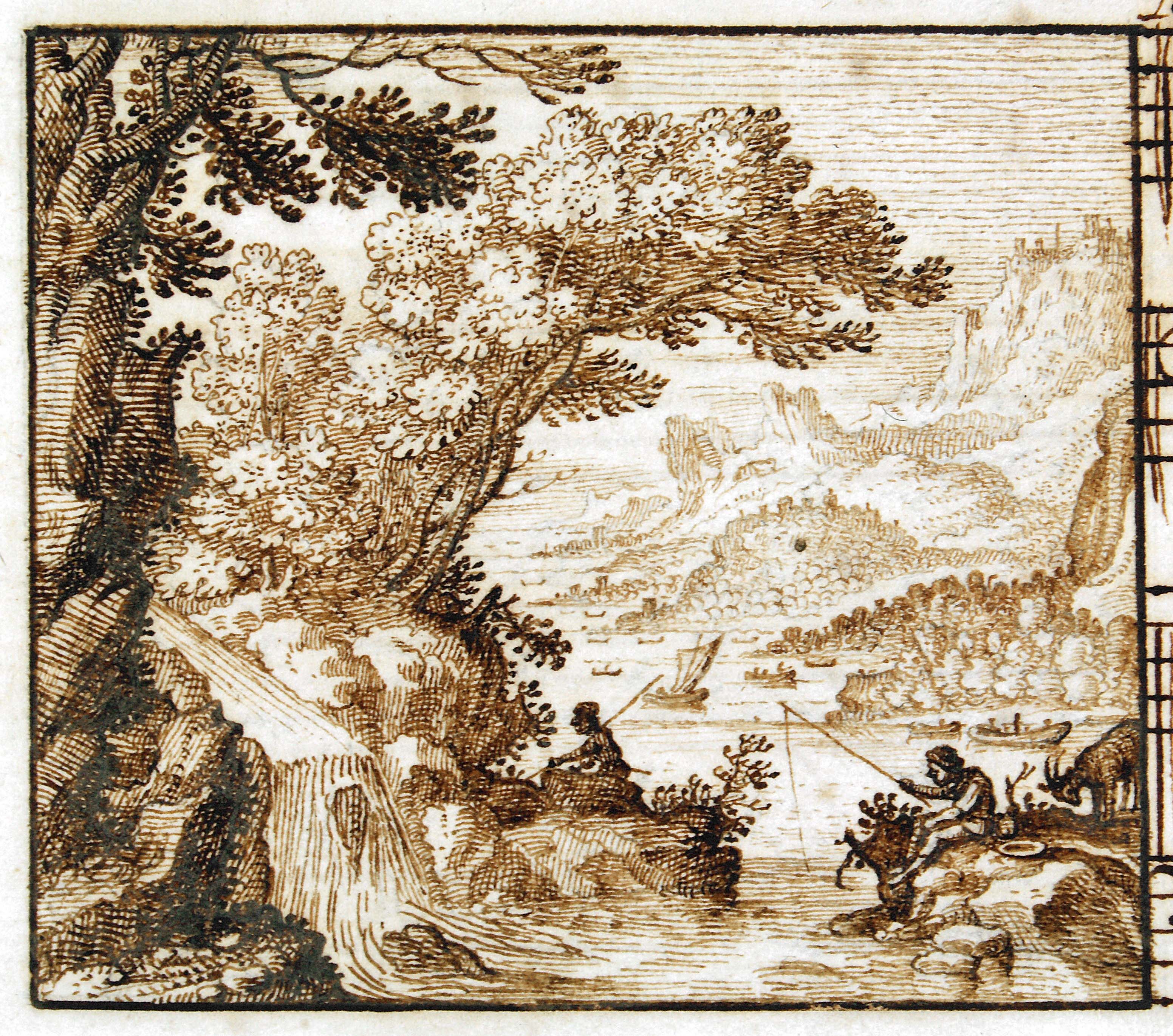 River landscape with fishing fishermen beside a waterfall