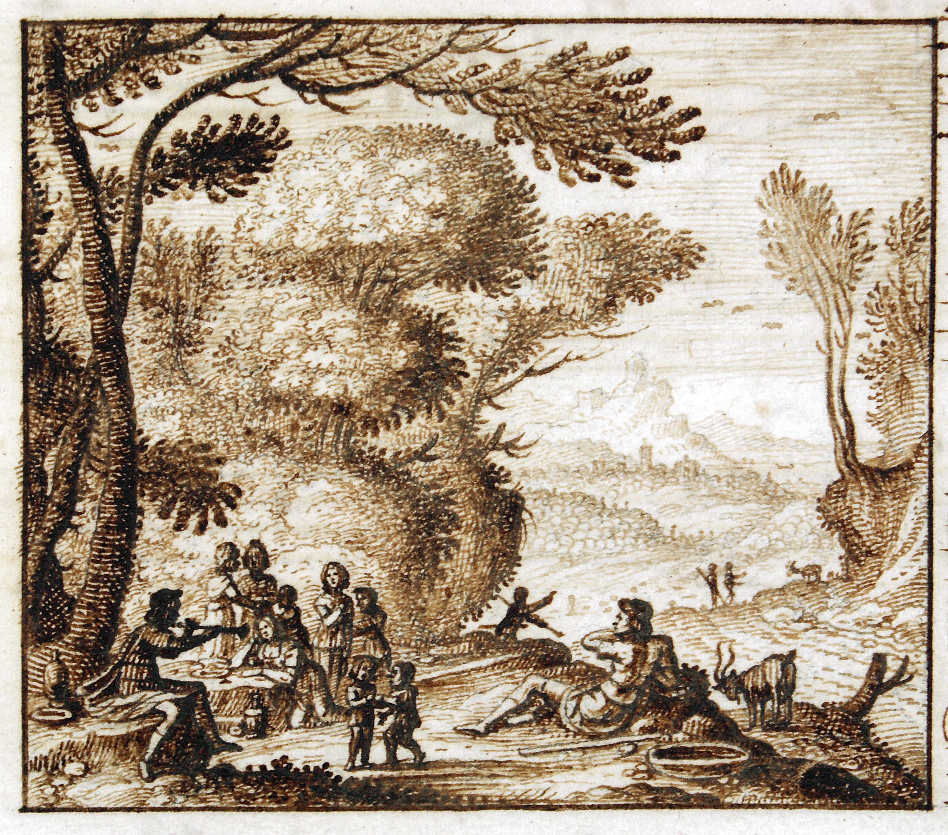 Resting shepherd in a landscape with oboe player and conversing characters