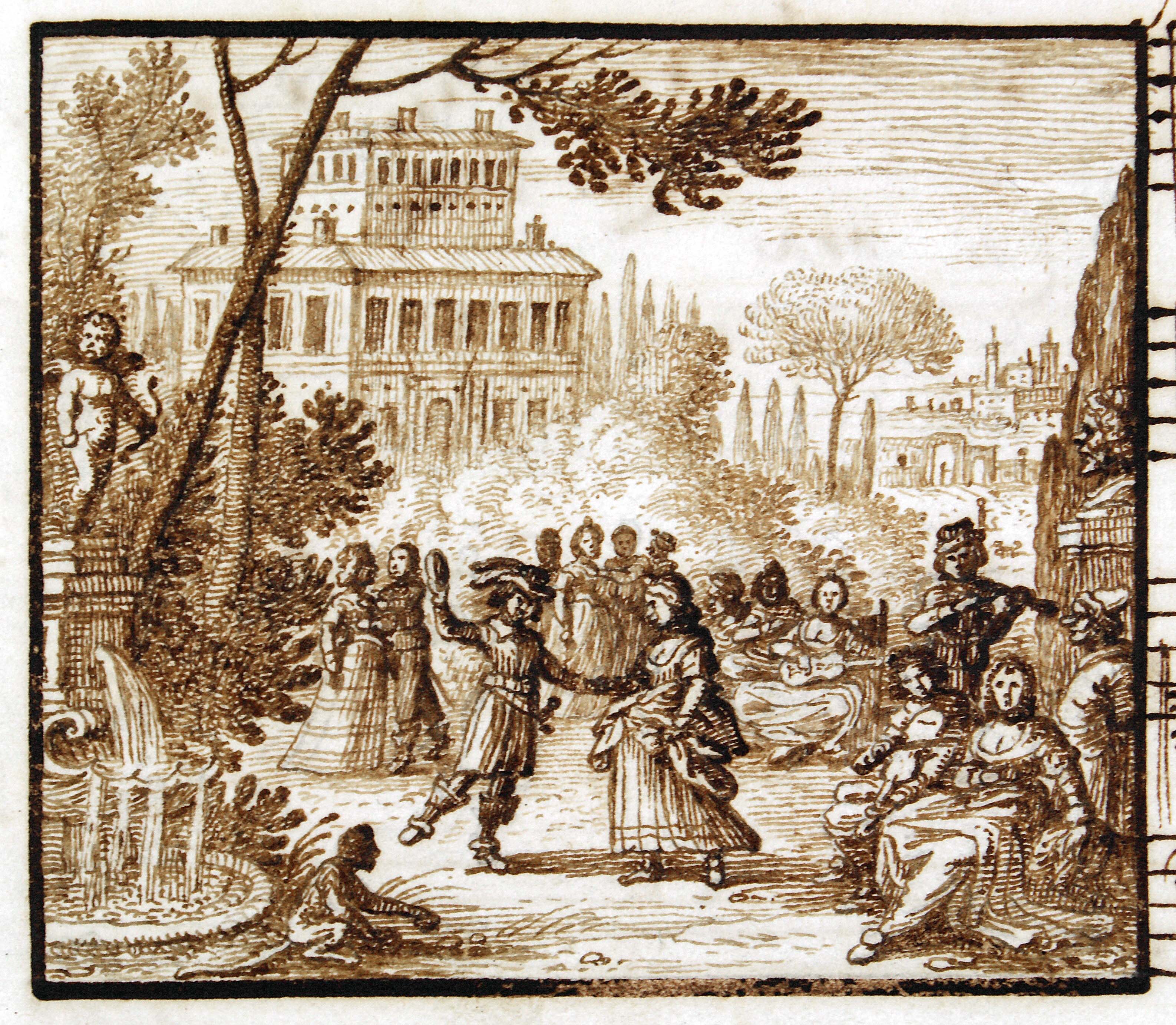 Pilgrims resting in the Villa Celimontana dancing and making music