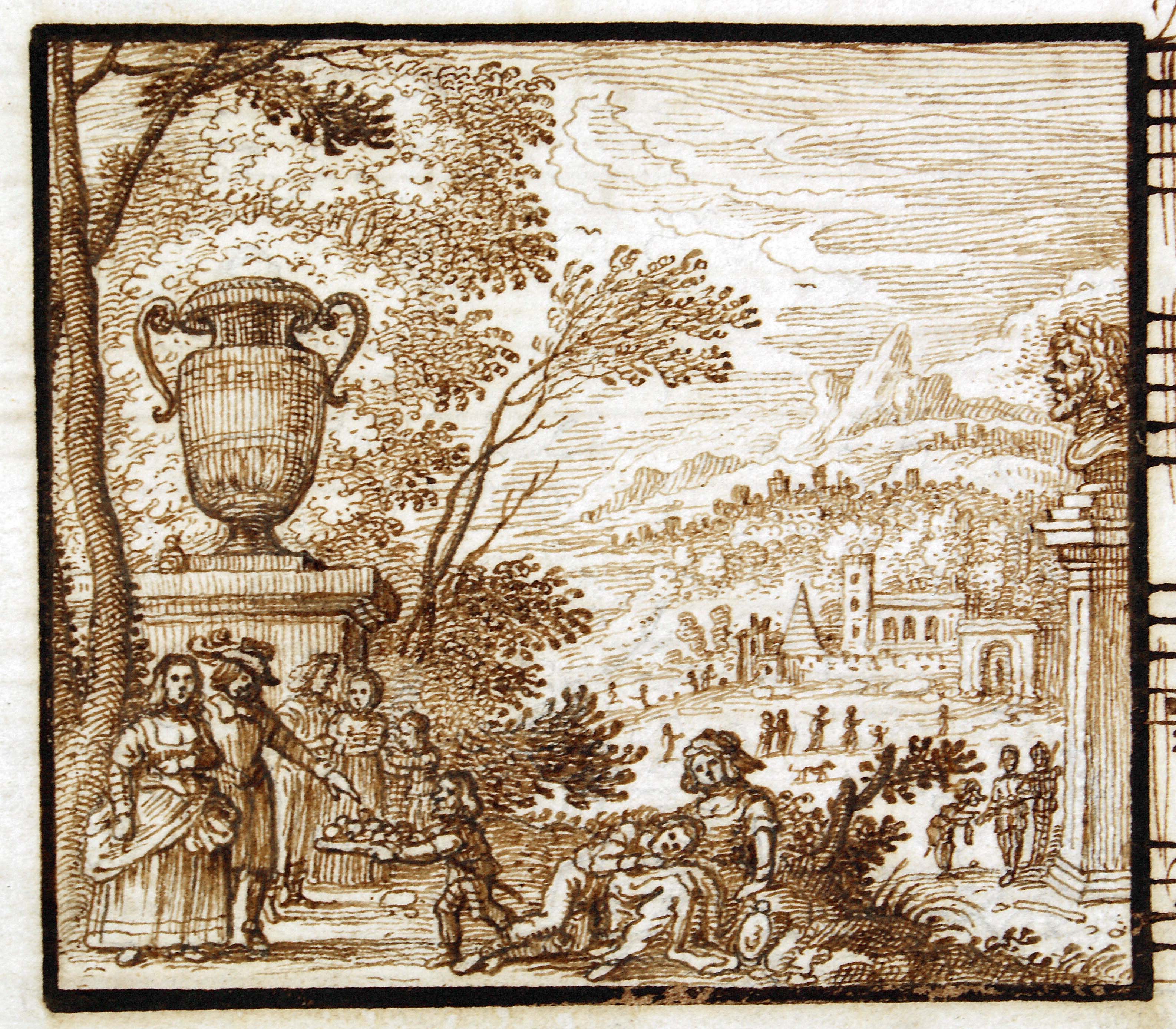 Company resting in a garden. A servant offering food