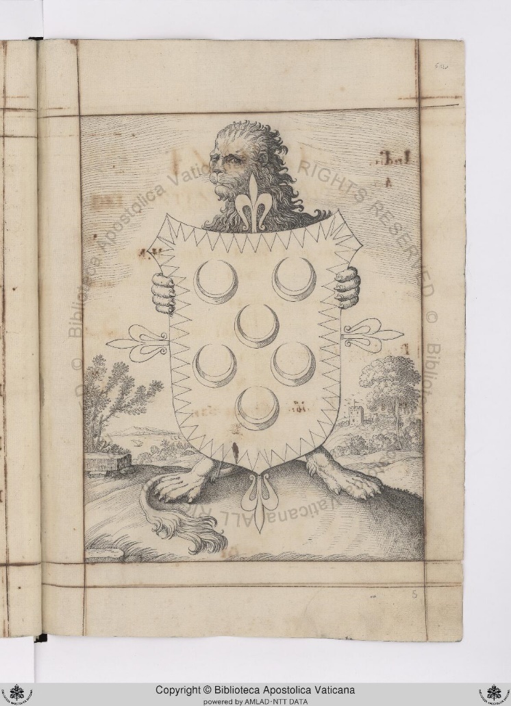 Lion with Domenico Jacovacci’s coat of arms. Hilly landscape by a lake