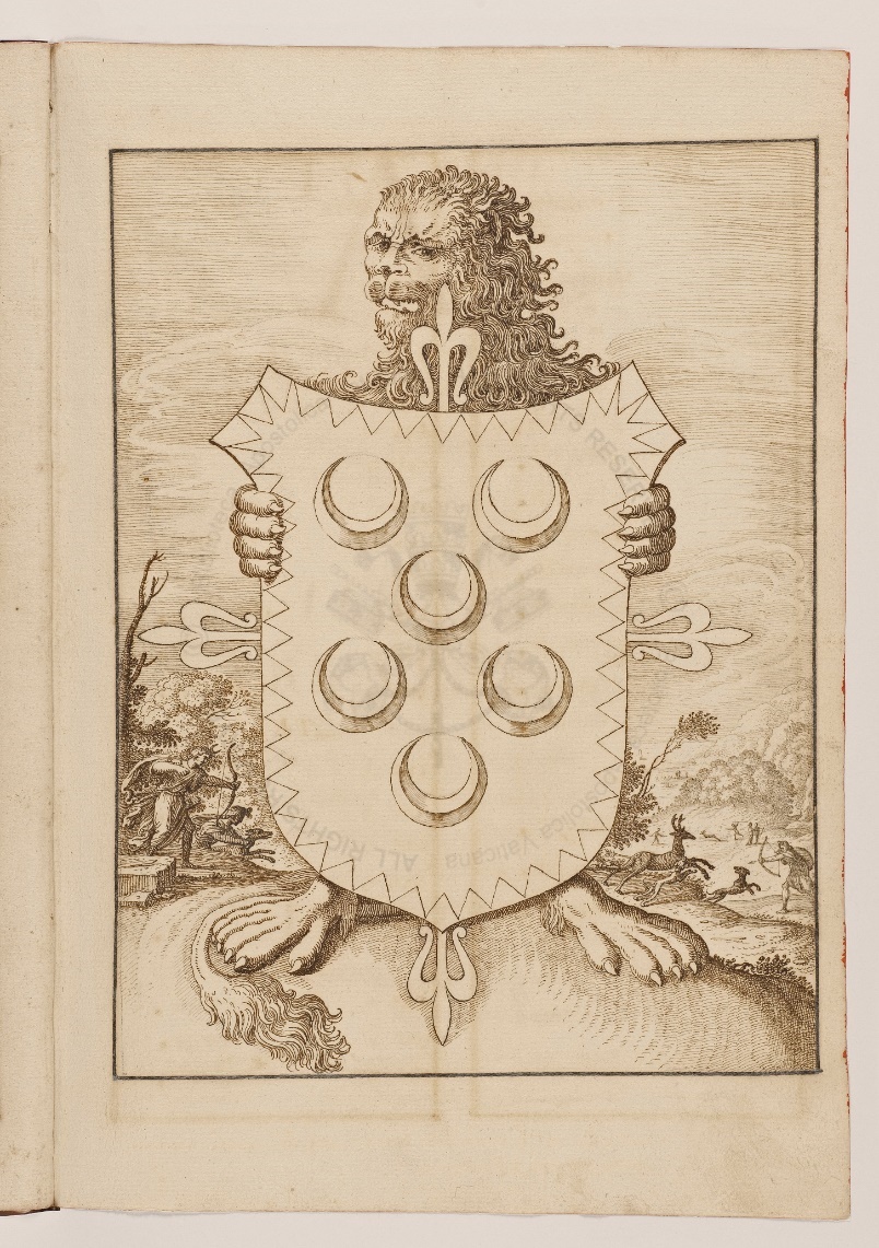 Lion holding Domenico Jacovacci's coat of arms. Diana hunting