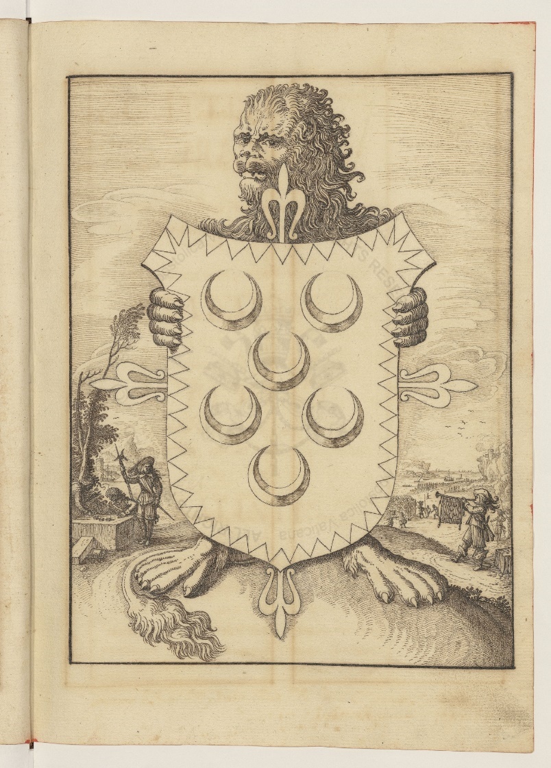 Lion holding Domenico Jacovacci's coat of arms. Landscape with soldiers.