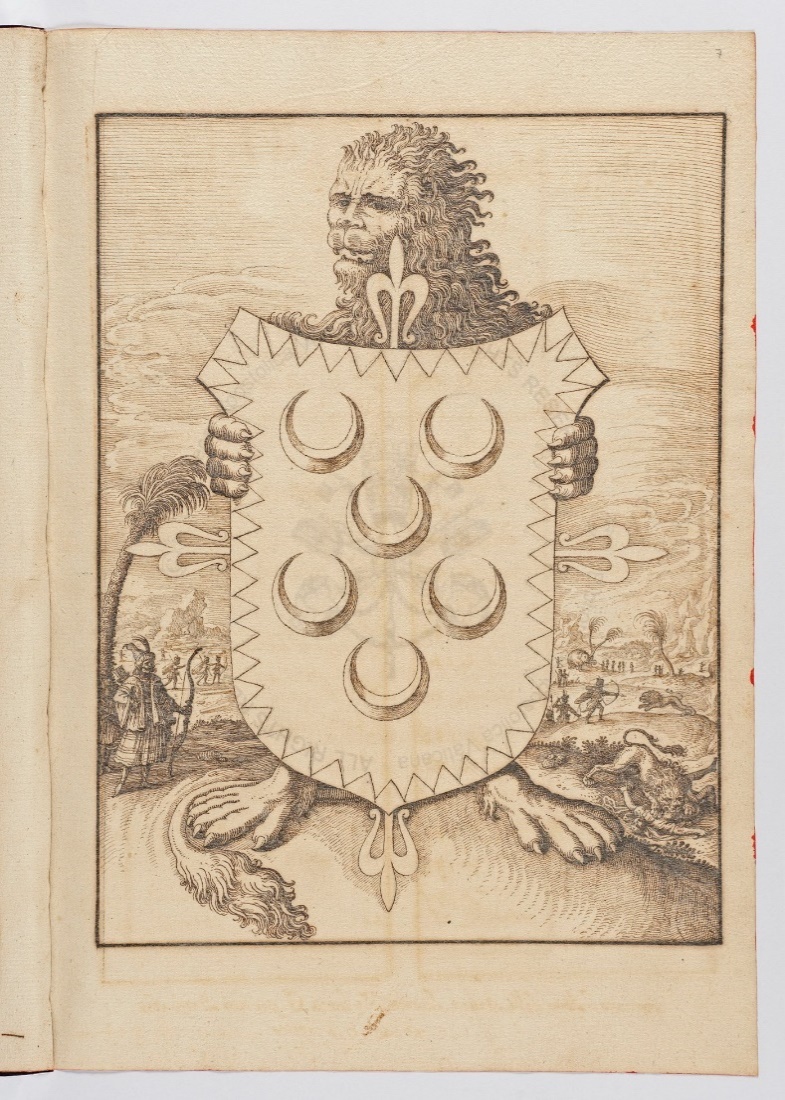 Lion with Domenico Jacovacci’s coat of arms. Landscape with hunting animals and man with turban.