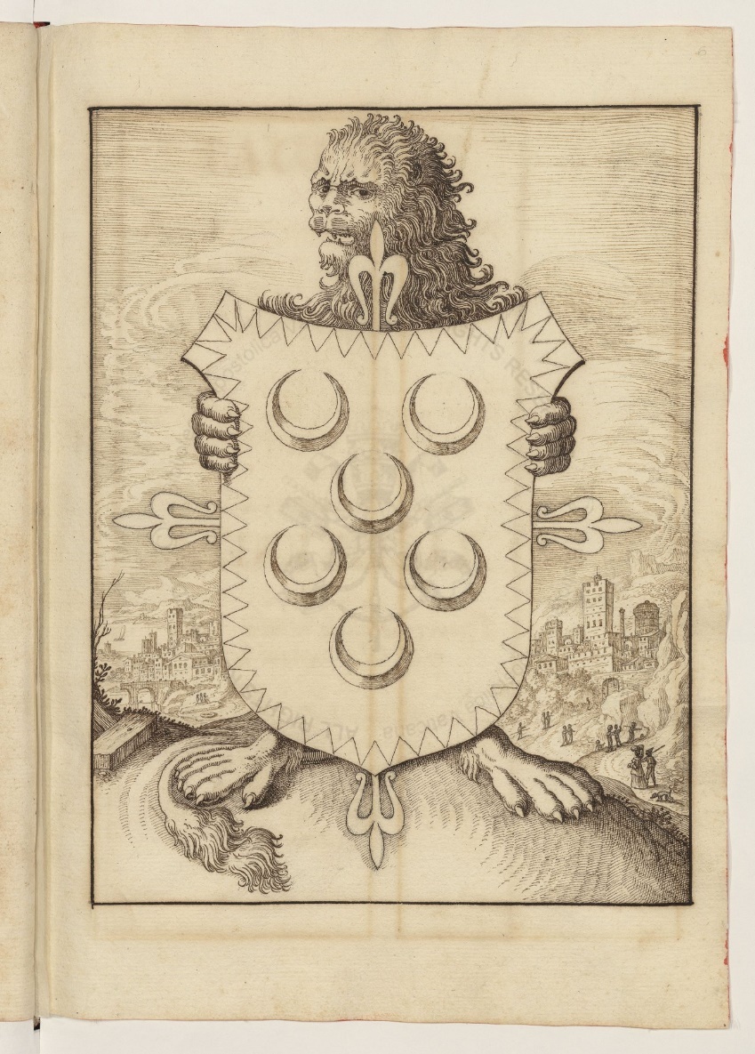 Lion holding Domenico Jacovacci's coat of arms. Landscape with a city in the background.