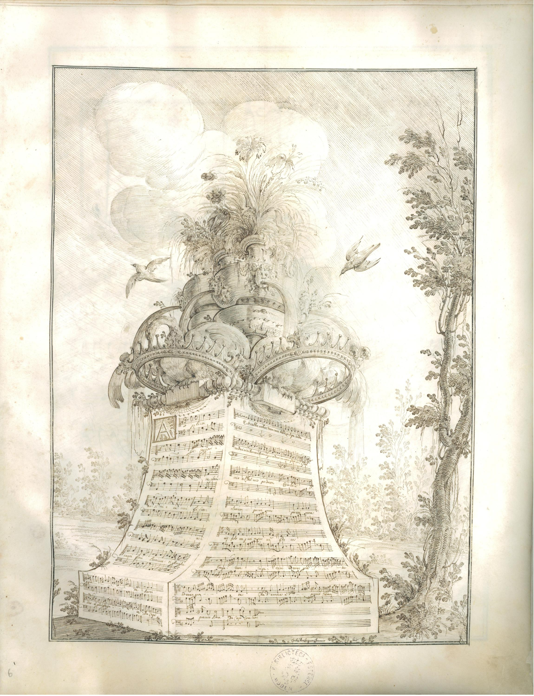 Landscape with music on marble slabs and flying birds